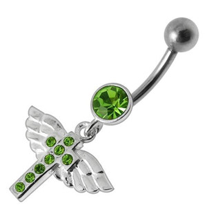 Jeweled Flying Cross Dangling Belly Ring - Peridot